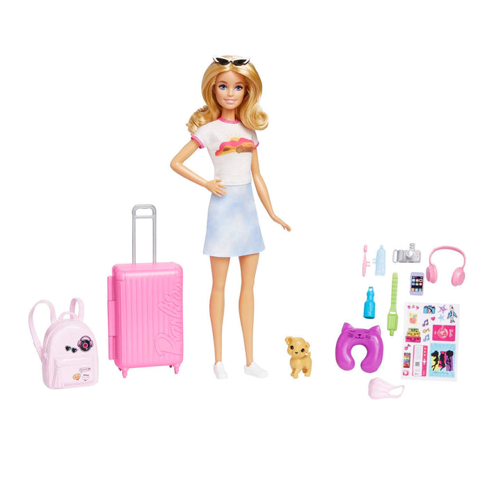 Barbie Doll and Accessories, “Malibu” Travel Set with Puppy and 10+ Pieces Including Working Suitcase, HJY18