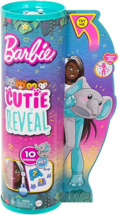 Barbie Cutie Reveal Serie Amigos de la Jungla Elefante Disfraz Revela una muñeca articulada con Mascota y Accesorios Sorpresa de Moda, Juguete +3 años (Mattel HKP98