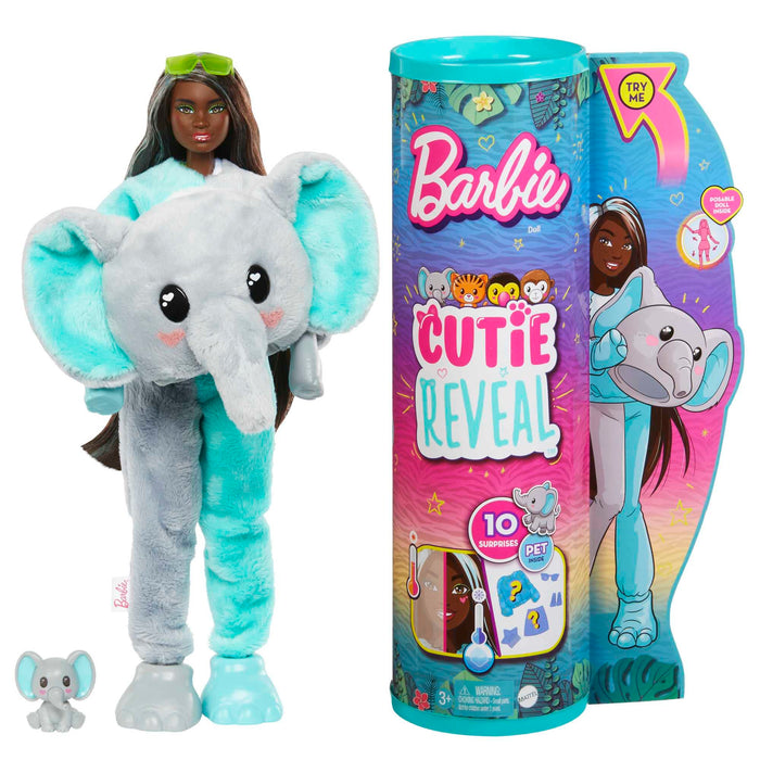 Barbie Cutie Reveal Serie Amigos de la Jungla Elefante Disfraz Revela una muñeca articulada con Mascota y Accesorios Sorpresa de Moda, Juguete +3 años (Mattel HKP98