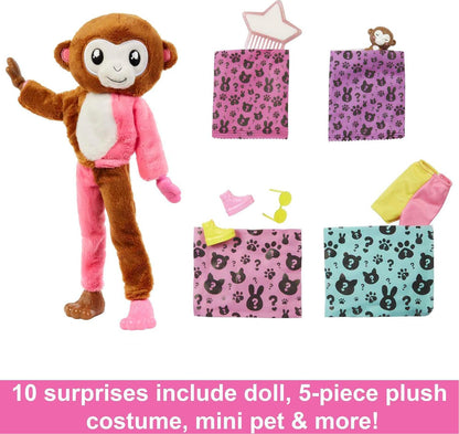 Barbie Cutie Reveal, bewegliche Affenzubehör, 10 Überraschungen, Haustier, wechselnde Farben, inkl. 1 Cutie Reveal Puppe, Geschenk für Kinder, Spielzeug ab 3 Jahre,HKR01