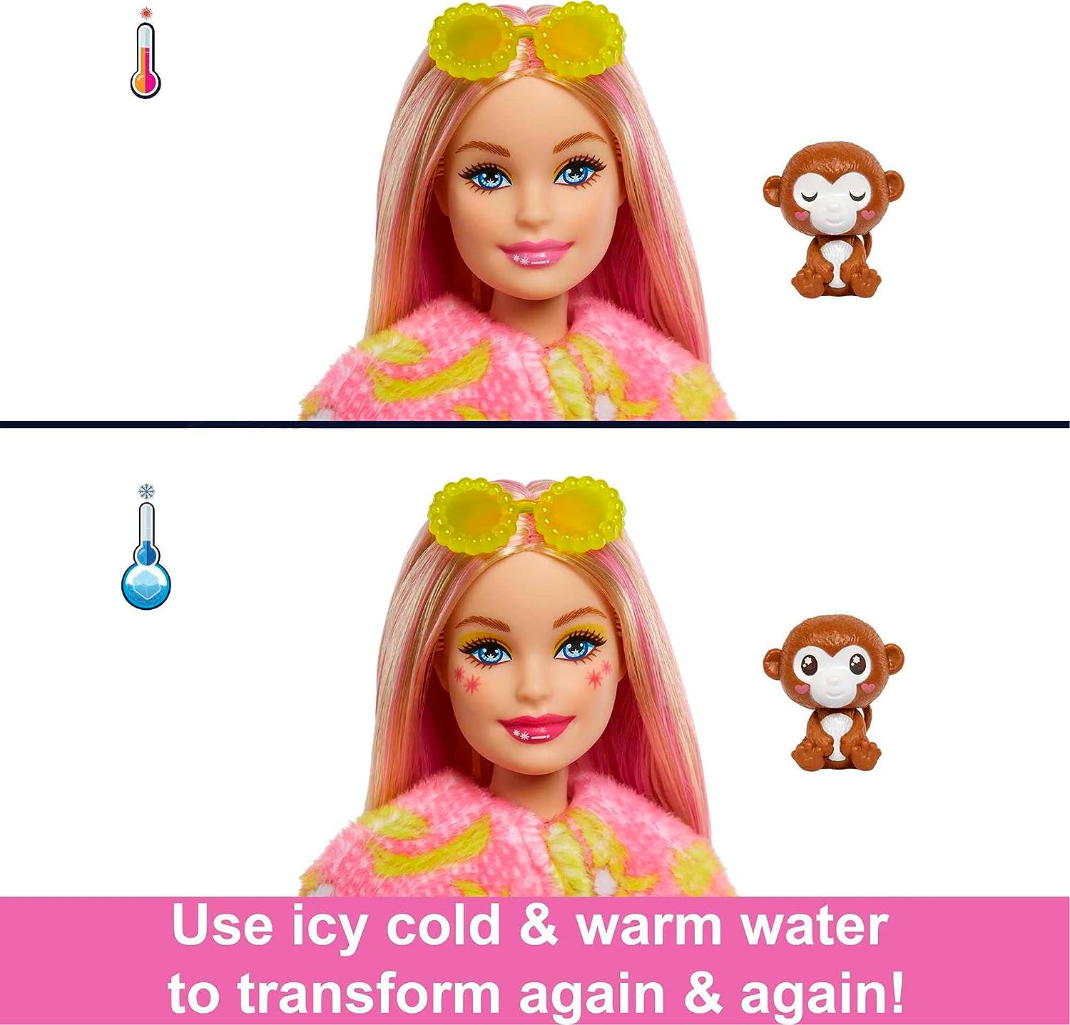 Barbie Cutie Reveal, bewegliche Affenzubehör, 10 Überraschungen, Haustier, wechselnde Farben, inkl. 1 Cutie Reveal Puppe, Geschenk für Kinder, Spielzeug ab 3 Jahre,HKR01