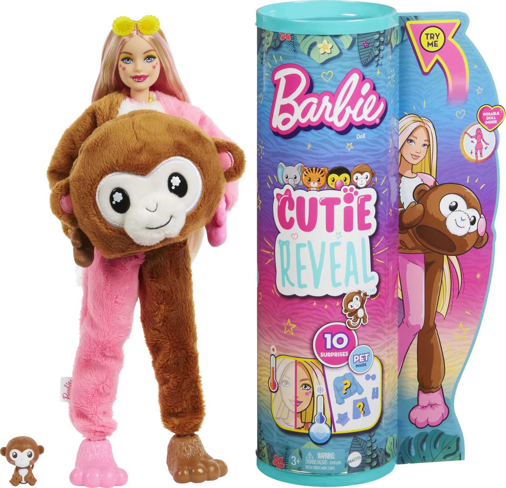 Barbie Cutie Reveal, bewegliche Affenzubehör, 10 Überraschungen, Haustier, wechselnde Farben, inkl. 1 Cutie Reveal Puppe, Geschenk für Kinder, Spielzeug ab 3 Jahre,HKR01