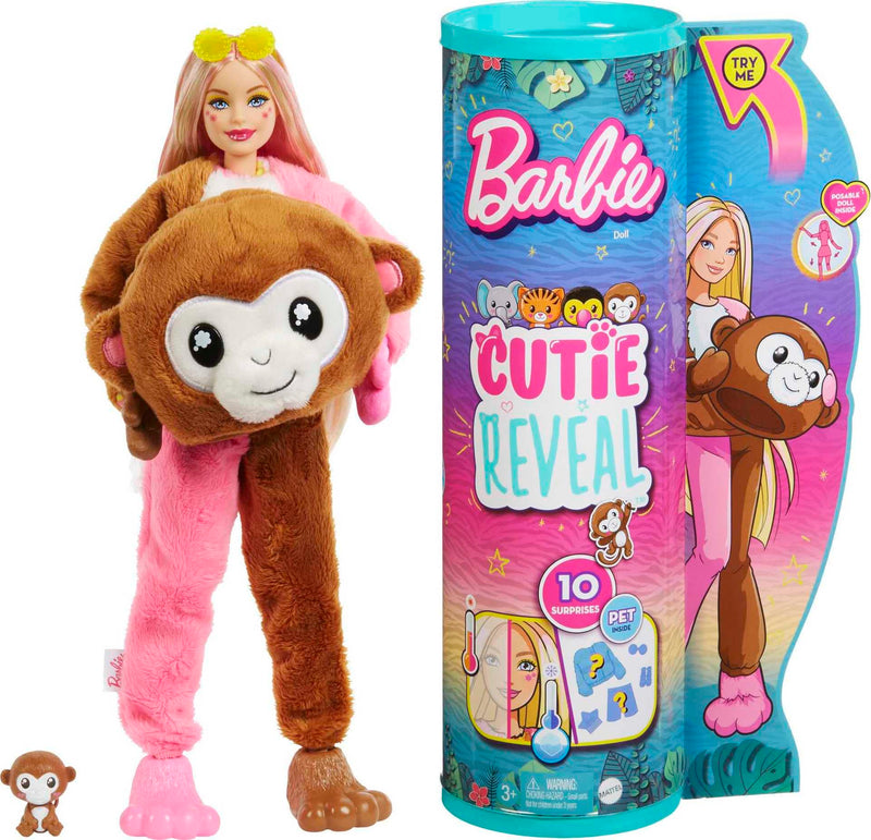 Barbie Cutie Reveal, bewegliche Affenzubehör, 10 Überraschungen, Haustier, wechselnde Farben, inkl. 1 Cutie Reveal Puppe, Geschenk für Kinder, Spielzeug ab 3 Jahre,HKR01