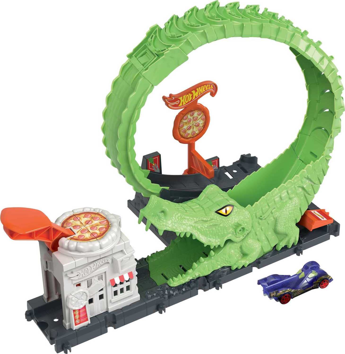 Hot Wheels Track Set with 1 Hot Wheels Car, Adjustable Track that Connects to Other Sets, Gator Loop Pizza Place Playset, HKX39