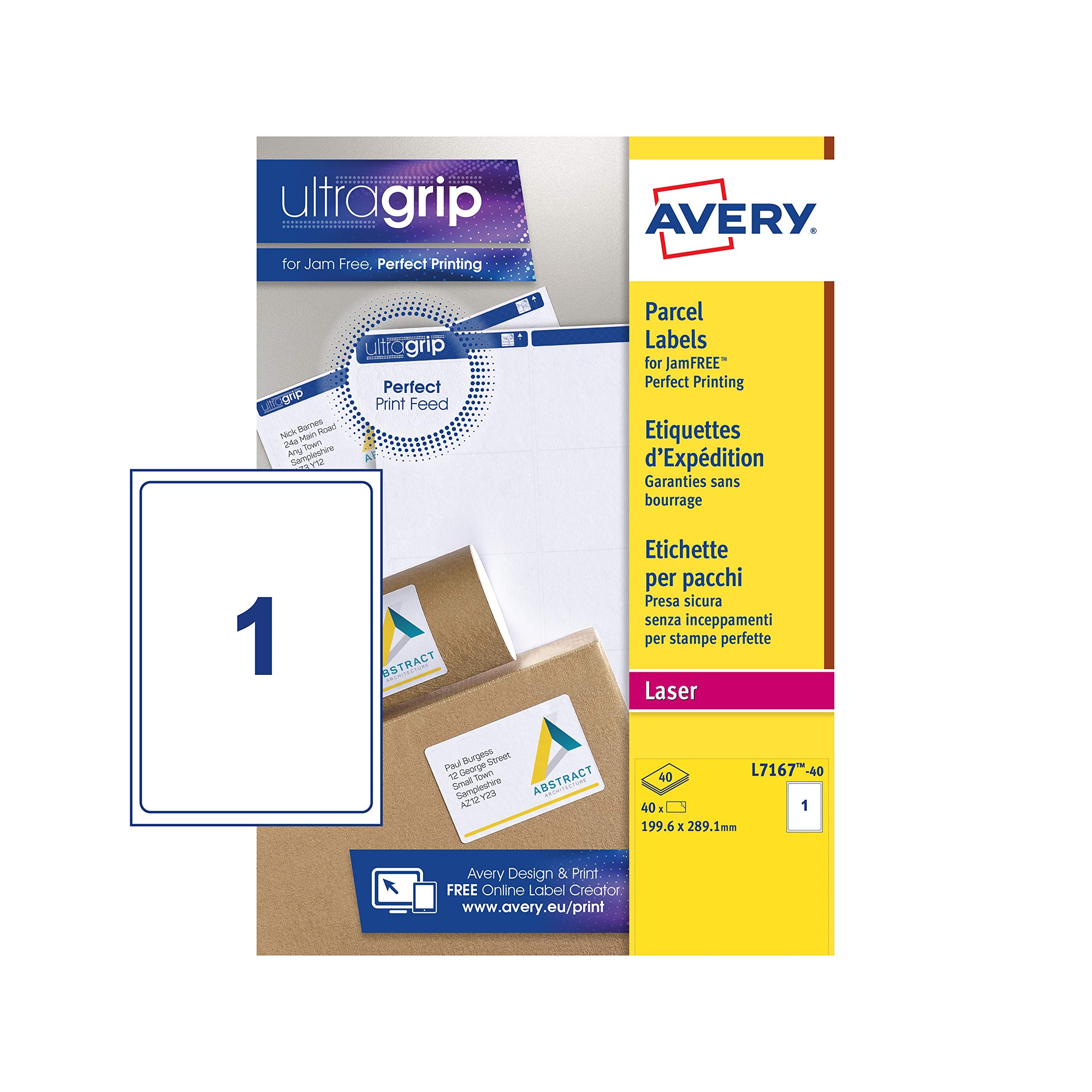 Avery L7167 Self Adhesive Parcel Shipping Labels, Laser Printers, 1 Label Per A4 Sheet, 40 Labels, UltraGrip, White