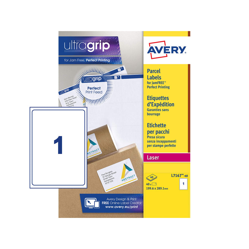 Avery L7167 Self Adhesive Parcel Shipping Labels, Laser Printers, 1 Label Per A4 Sheet, 40 Labels, UltraGrip, White