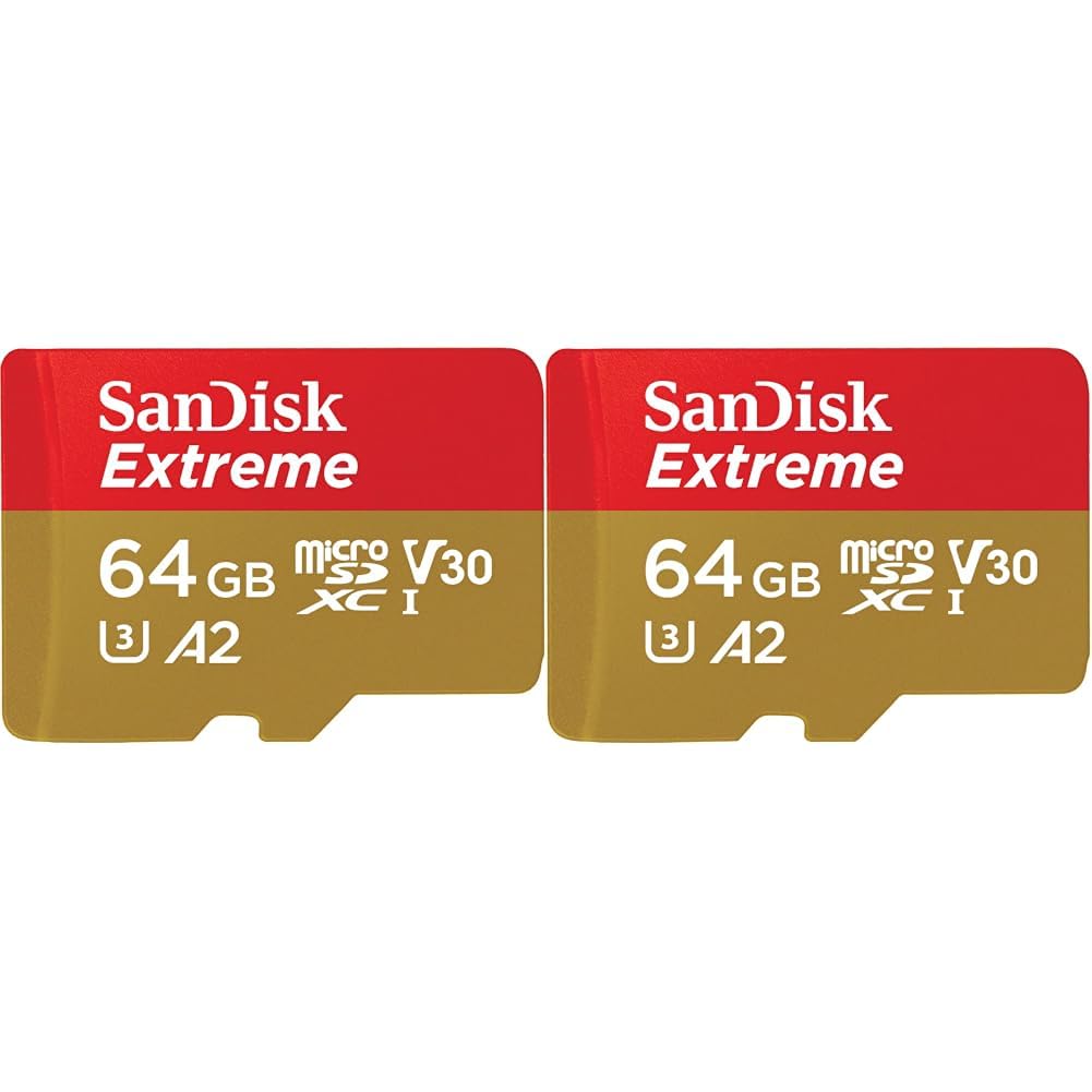 SanDisk 64GB Extreme microSDXC card for Action Cams and Drones + SD adapter + RescuePRO Deluxe, up to 170 MB/s, with A2 App Performance, UHS-I, Class 10, U3, V30 (Pack of 2) 64 gb (Pack of 2
