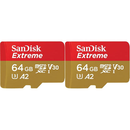 SanDisk 64GB Extreme microSDXC card for Action Cams and Drones + SD adapter + RescuePRO Deluxe, up to 170 MB/s, with A2 App Performance, UHS-I, Class 10, U3, V30 (Pack of 2) 64 gb (Pack of 2