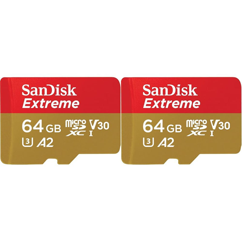 SanDisk 64GB Extreme microSDXC card for Action Cams and Drones + SD adapter + RescuePRO Deluxe, up to 170 MB/s, with A2 App Performance, UHS-I, Class 10, U3, V30 (Pack of 2) 64 gb (Pack of 2