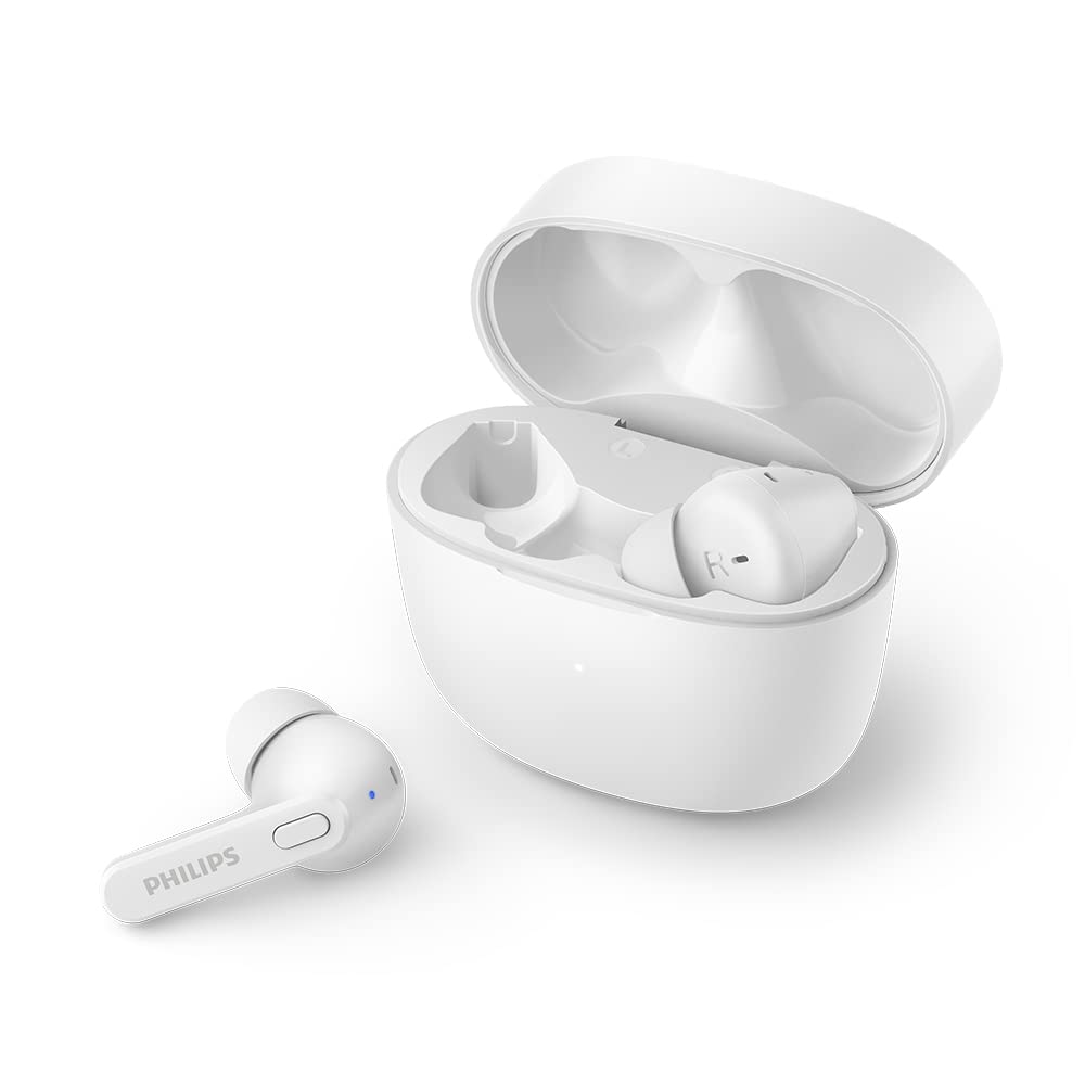 PHILIPS Auricolari Bluetooth con Microfono Wireless, Resistenti al Sudore, 18 Ore di Riproduzione, Morbidi e Confortevoli Earbuds, Auricolari TAT2206WT/00