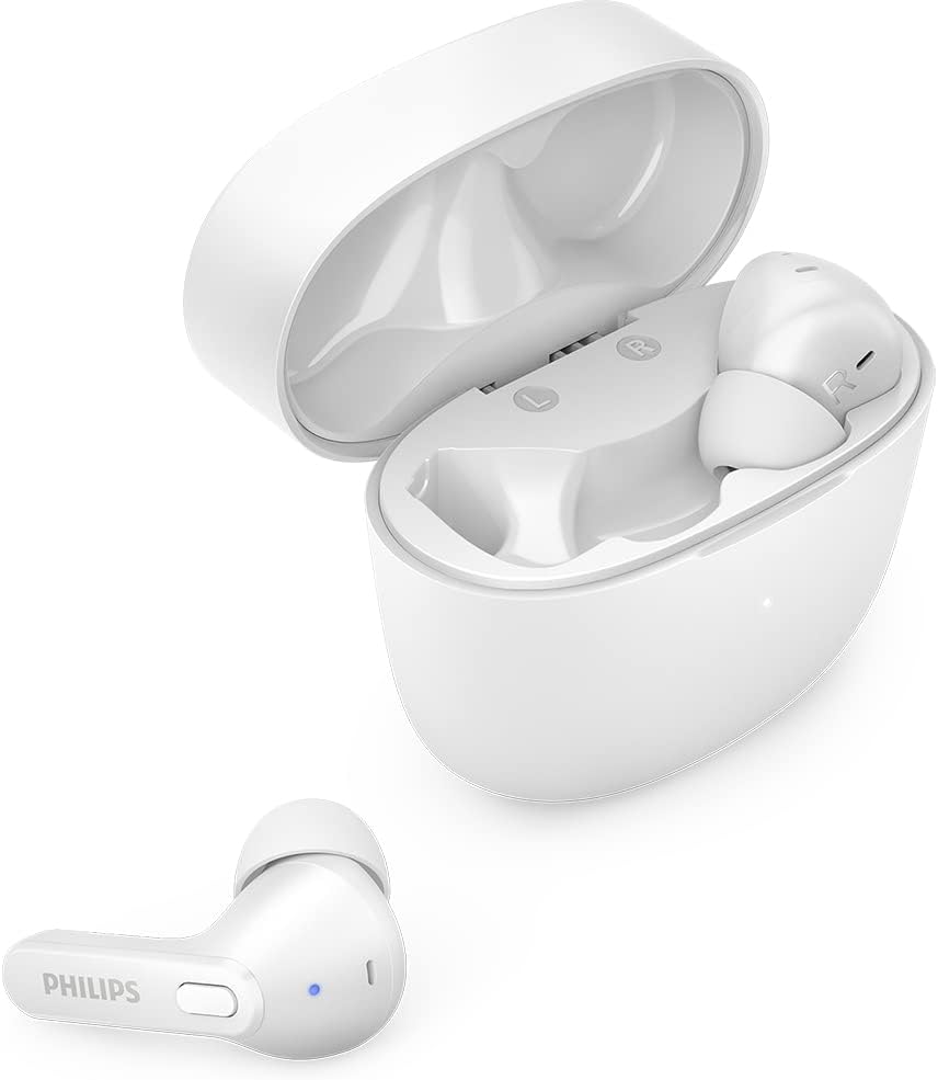 PHILIPS Auricolari Bluetooth con Microfono Wireless, Resistenti al Sudore, 18 Ore di Riproduzione, Morbidi e Confortevoli Earbuds, Auricolari TAT2206WT/00