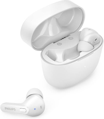 PHILIPS Auricolari Bluetooth con Microfono Wireless, Resistenti al Sudore, 18 Ore di Riproduzione, Morbidi e Confortevoli Earbuds, Auricolari TAT2206WT/00