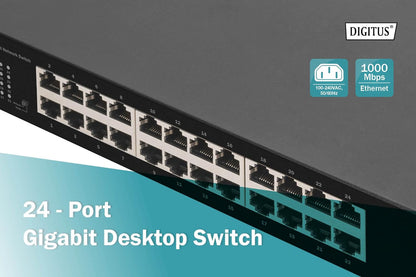 DIGITUS 24 Port Gigabit Netzwerk-Switch - unmanaged - lüfterlos - VLAN-Modus - DIP-Schalter - 10/100/1000 Mbps - inkl. 19" Montagewinkeln - schwarz 24-Port - VLAN 1 Gbps