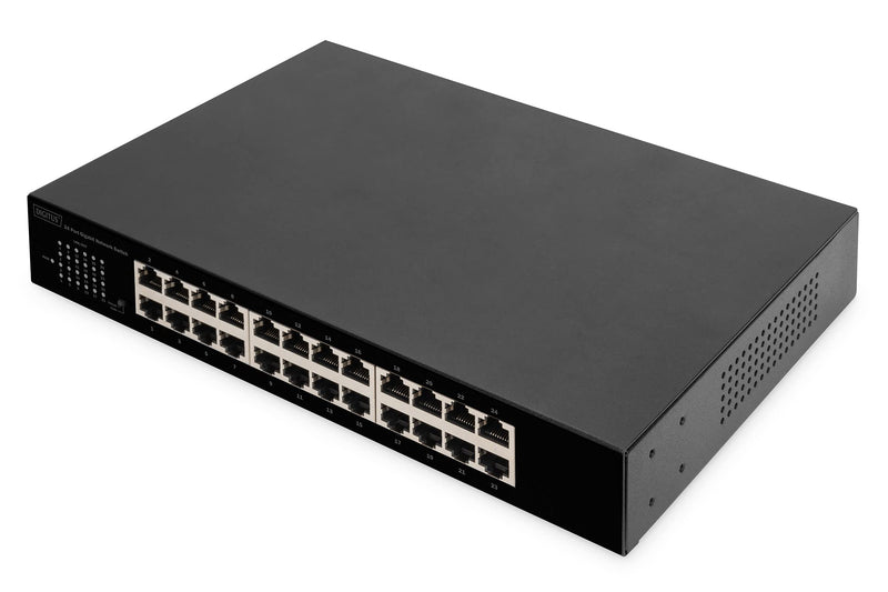 DIGITUS 24 Port Gigabit Netzwerk-Switch - unmanaged - lüfterlos - VLAN-Modus - DIP-Schalter - 10/100/1000 Mbps - inkl. 19" Montagewinkeln - schwarz 24-Port - VLAN 1 Gbps