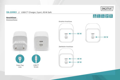 DIGITUS Ladegerat 65W 2 Port 2x USB-C GaN we