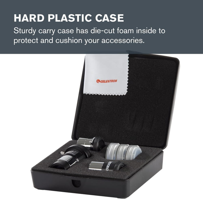 Celestron 94307 AstroMaster 8-piece Eyepiece & Filter Accessory Kit - includes two 1.25” Eyepieces, 2x Barlow Lens, Three Filters, Cleaning Cloth and Hard Case Black