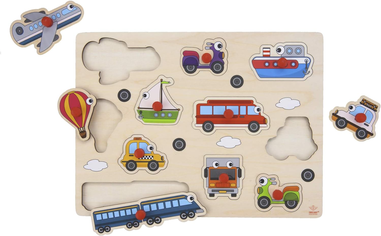 Engelhart - Quality wooden Jigsaw puzzle with button for Toddlers wooden games for kids and baby 2 years and + (vehicle