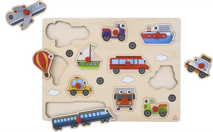 Engelhart - Quality wooden Jigsaw puzzle with button for Toddlers wooden games for kids and baby 2 years and + (vehicle