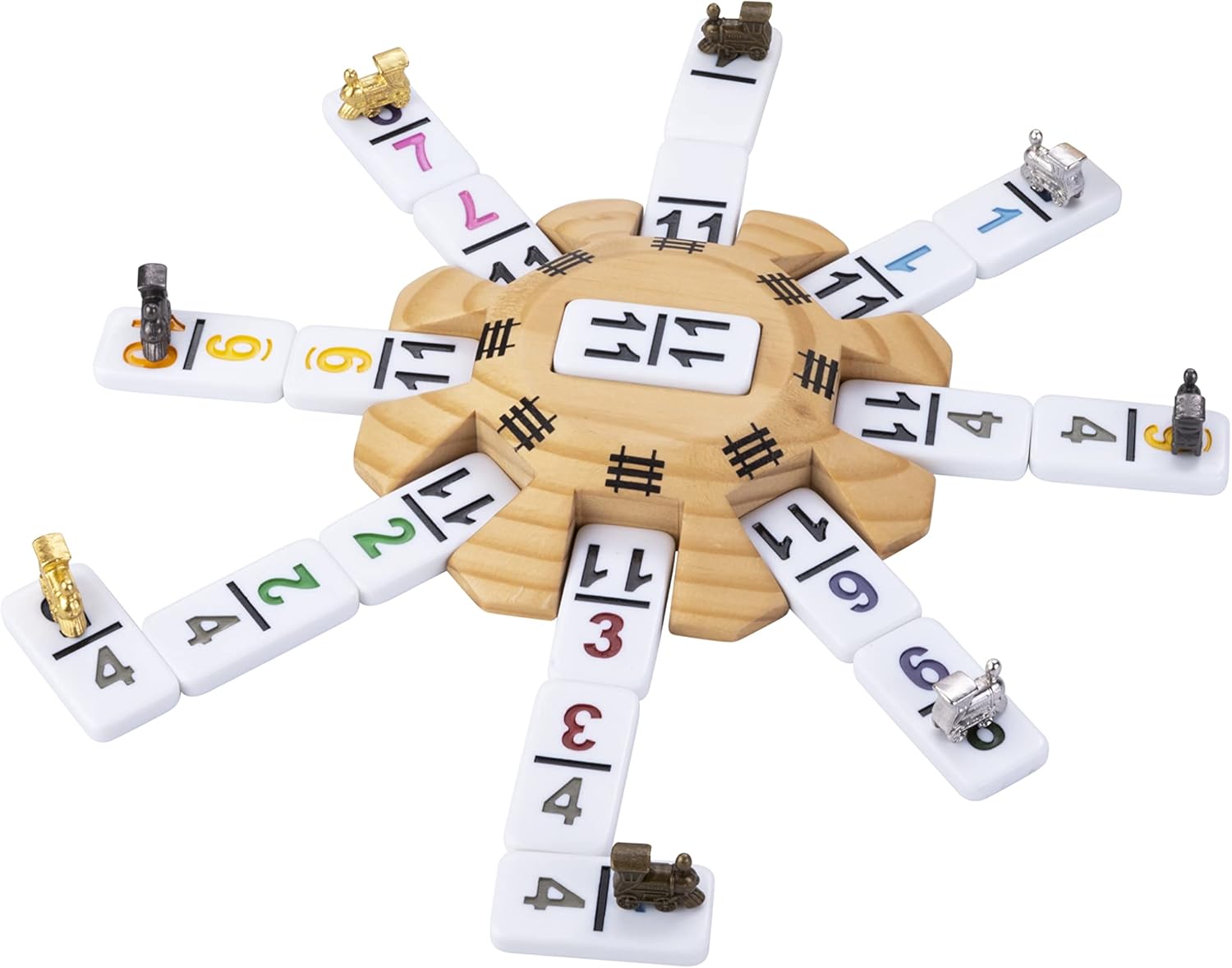 Engelhart - 250112 - Mexican Train Domino Accessories - 1 Wooden Station + 8 Metal Locomotives + Score Pad - Domino Game Accessory