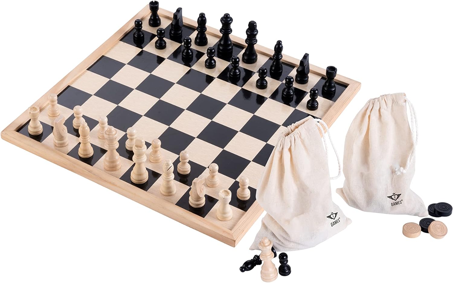 Engelhart - Basic chess and draughts set For beginners and advanced 40 cm 2 canvas bags and figures