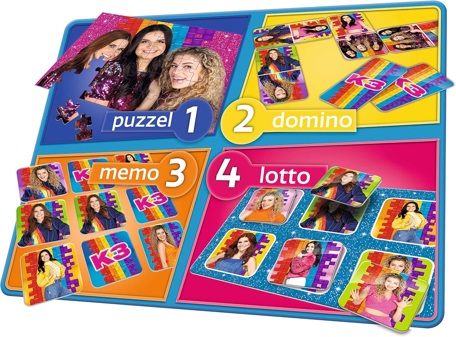 K3 : kartonnen 4 in 1 spel - met memo, domino, puzzel en lotto spel