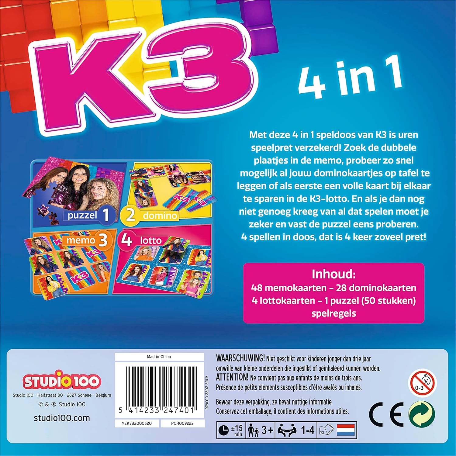 K3 : kartonnen 4 in 1 spel - met memo, domino, puzzel en lotto spel
