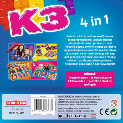 K3 : kartonnen 4 in 1 spel - met memo, domino, puzzel en lotto spel