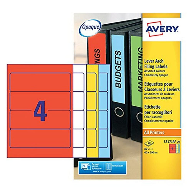 Avery L7171A-20 Self-Adhesive Assorted Colours Lever Arch File Labels, 4 Labels Per A4 Sheet, 80 Labels Per Pack