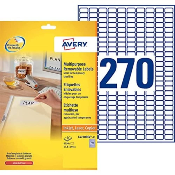 Avery L4730REV-25 Self-Adhesive Removable Labels, 270 Labels per A4 Sheet, white, 17,8 x 10 mm