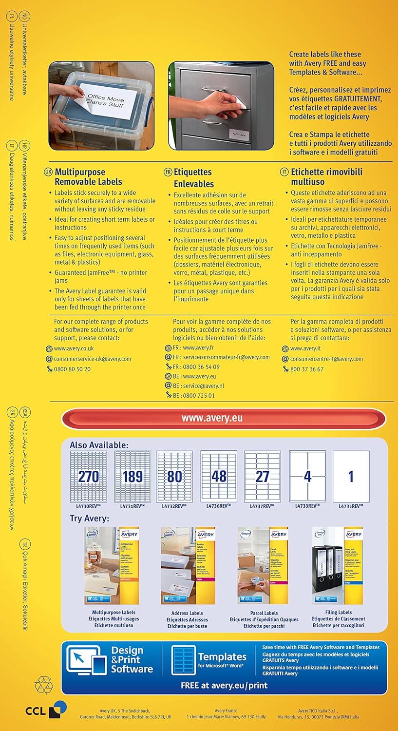 Avery L4730REV-25 Self-Adhesive Removable Labels, 270 Labels per A4 Sheet, white, 17,8 x 10 mm