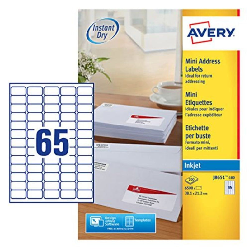 Avery J8651-100 - Paquete de 6500 etiquetas de dirección (38.1 x 21.2 mm), blanco