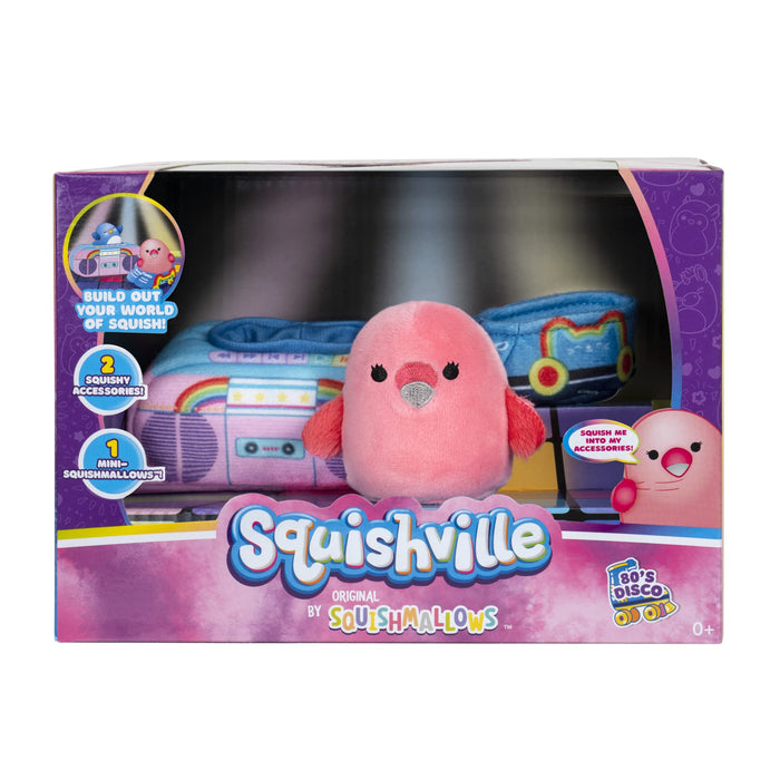 Squishville SQM0205 Original Squishmallows 80s Disco Set-2-Inch Cookie The Flamingo Plush, Squish Stereo and Roller Skates Accessories-Toys for Kids, Multi