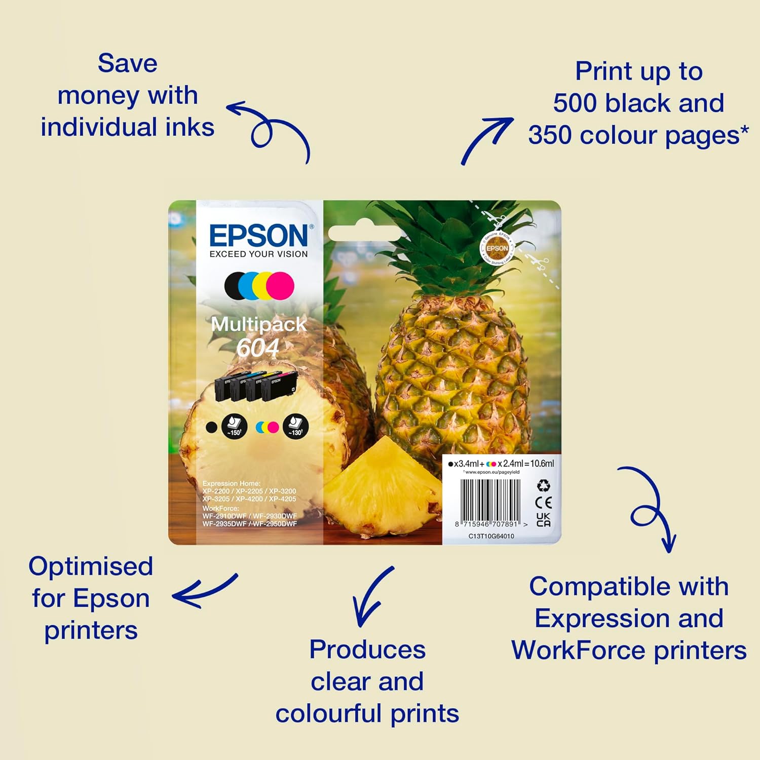 Epson Orginal 604 Tinte Ananas Multipack 4-farbig Standard, XP-2200 XP-2205 XP-3200 XP-4205 WF2910DWF WF2930DWF WF2950DWF, ReadyPrint Flex-Tintentarife