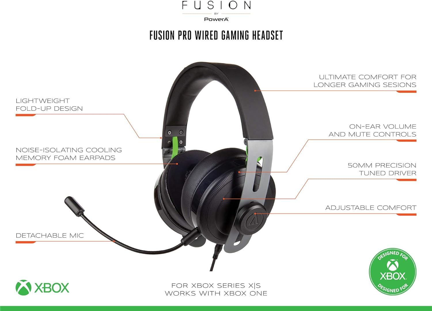 PowerA FUSION Pro Wired Gaming Headset for Xbox, Headphones, Xbox Series X, Xbox One, Chat, Gaming Audio - Xbox Series X Black Green
