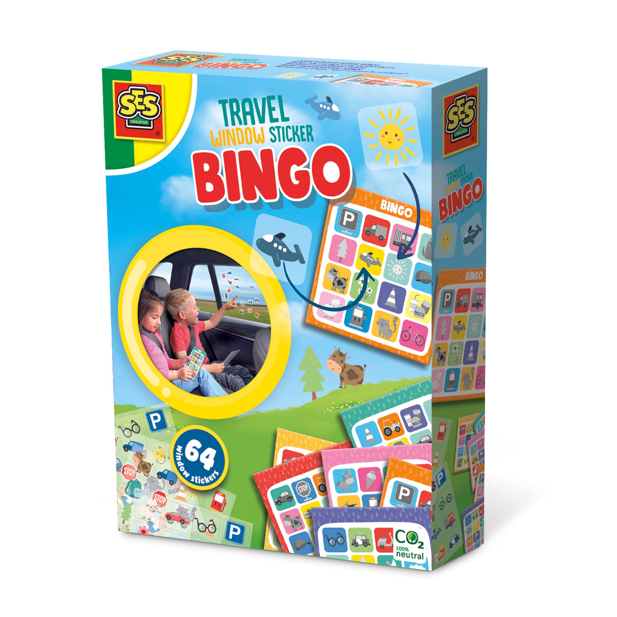 SES Creative 02238 Travel window sticker bingo - Re-usable stickers that can be stuck the window and bingo cards, Age 3+, Red