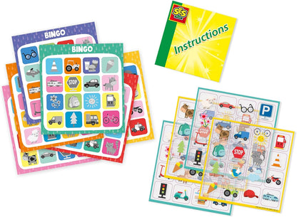 SES Creative 02238 Travel window sticker bingo - Re-usable stickers that can be stuck the window and bingo cards, Age 3+, Red