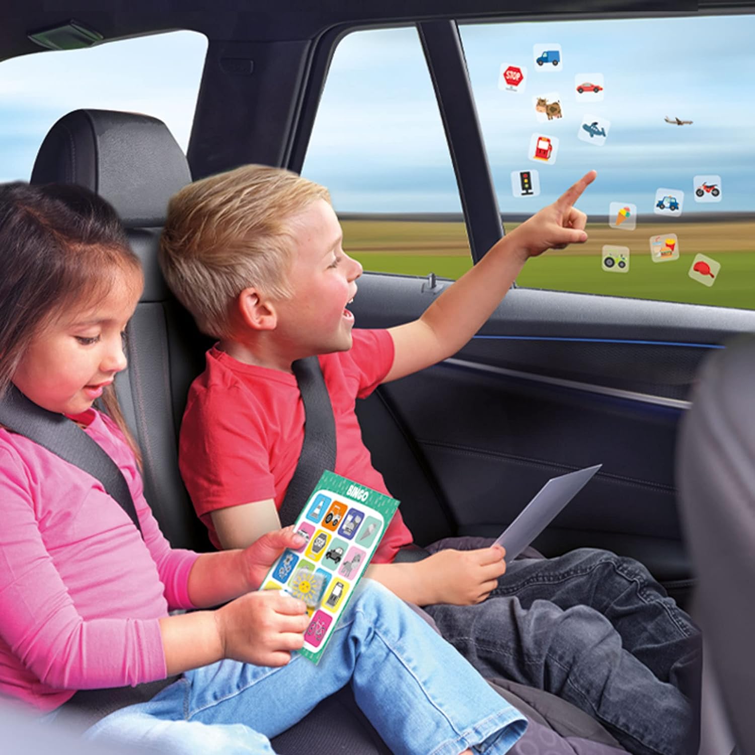 SES Creative 02238 Travel window sticker bingo - Re-usable stickers that can be stuck the window and bingo cards, Age 3+, Red