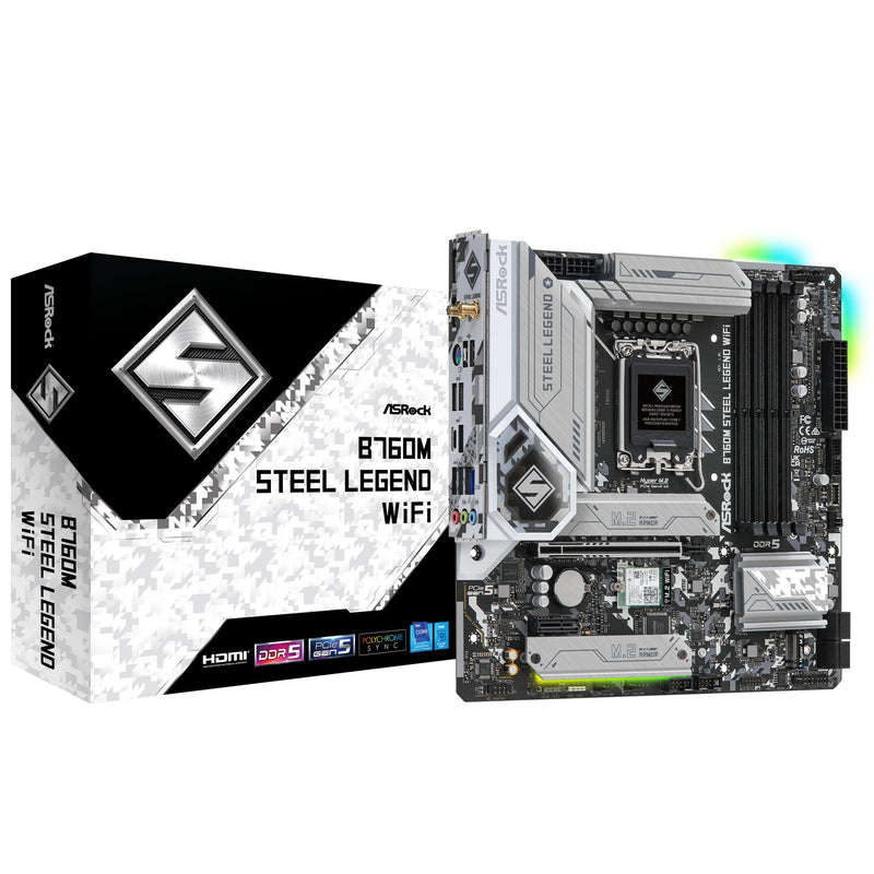 ASRock B760M STEEL LEGEND WIFI, Intel B760, 1700, Micro ATX, 4 DDR5, HDMI, DP, eDP, Wi-Fi 6E, 2.5G LAN, PCIe5, 3x M.2, RGB