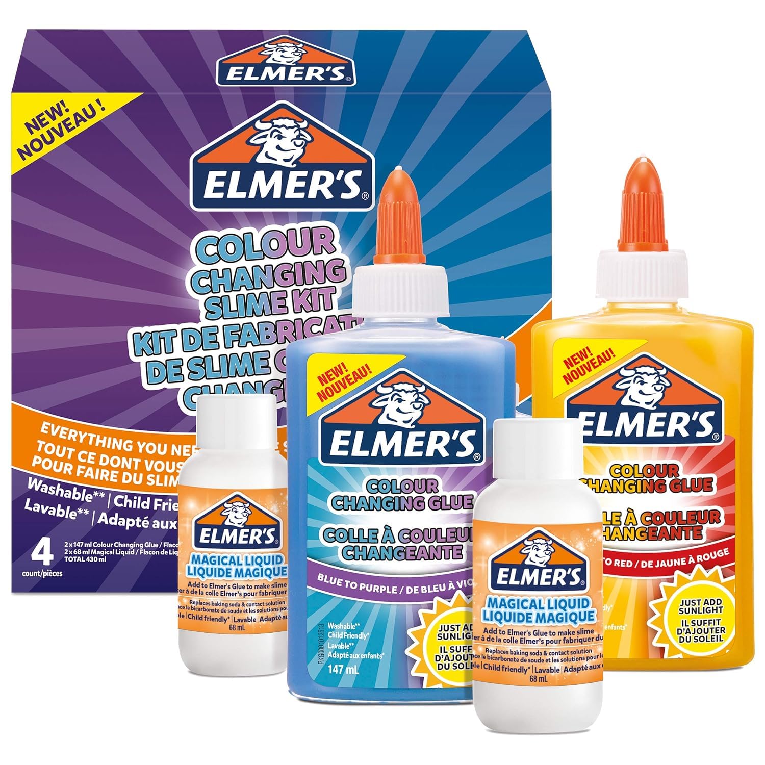 Elmer’s Colour Changing Slime Kit | Slime Supplies Include Colour Changing Glue & Magical Liquid Slime Activator | Activates with UV Light | Washable & Kid Friendly | 4 Count