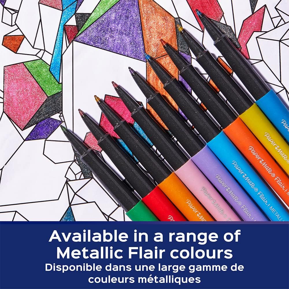 Paper Mate Flair Metallic Felt Tip Pens Glittery Ink Shines on White Paper Assorted Colours Medium Point (0.7mm) 12 Count