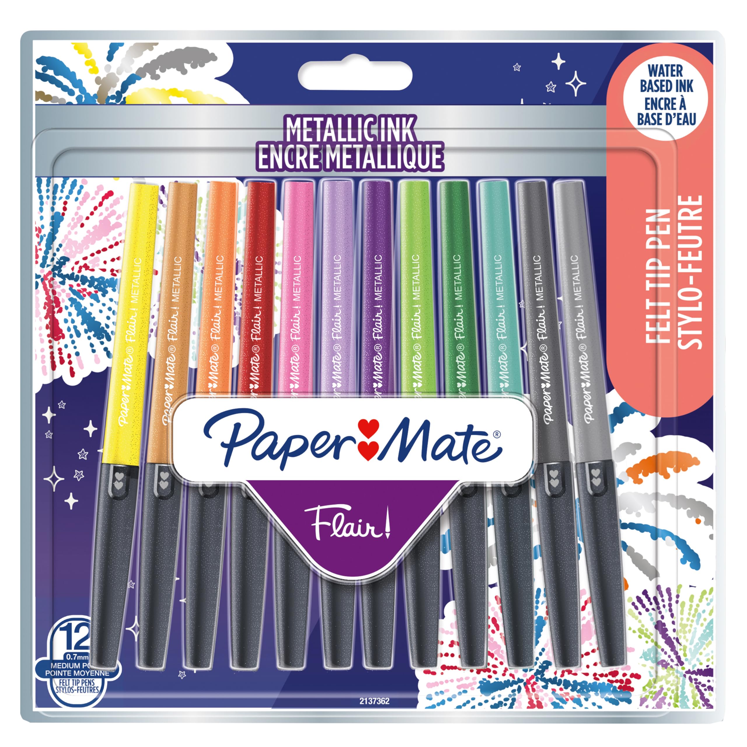 Paper Mate Flair Metallic Felt Tip Pens Glittery Ink Shines on White Paper Assorted Colours Medium Point (0.7mm) 12 Count