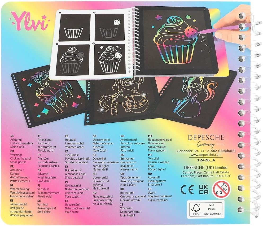 Depesche 12426 Ylvi Magic Book with 20 Pages Fantastic Motifs Booklet with Colourful Gradient and Scratch Pen, Multicoloured