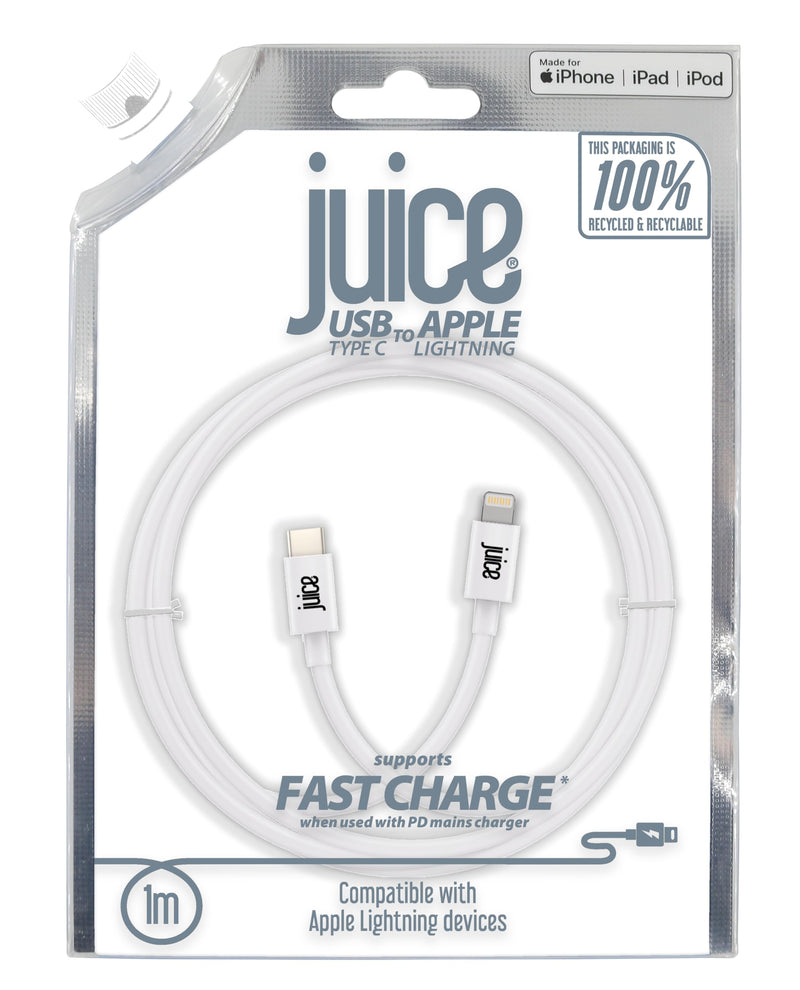 Juice 1m Apple iPhone Lightning Cable to Type C | iPhone 14, Pro Max, Max and Plus | iPhone 13, Max, Pro and Mini | iPhone 12 Models | iPhone 11 Models | iPhone 8, 7, 6, SE | iPad | Airpods | - White
