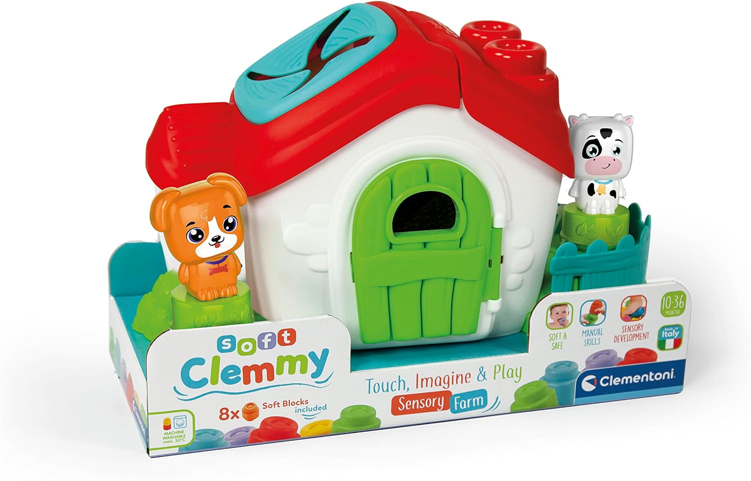 Clementoni - 17767 - Soft Clemmy Sensory Farm - Soft Building Blocks, Clemmy Soft Blocks For 6 Months, Building Bricks Washable, Construction Kids, Early Development & Activity Toys, Made In Italy