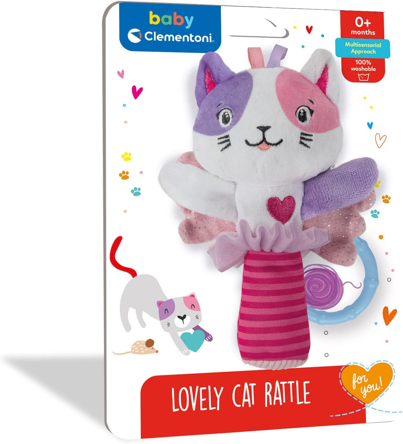 Clementoni - 17784 - Lovely Cat Rattle - Rassel für Neugeborene, weiches Plüsch, Babyspielzeug, Kinderwagenspiel, stärkt die motorischen und sensorischen Fähigkeiten, 100% maschinenwaschbar