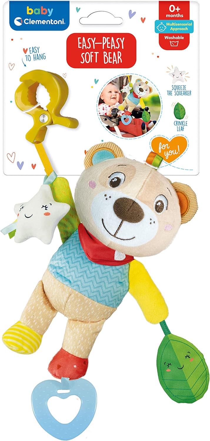 Clementoni - 17788 - Easy-Peasy Soft Bear - Plush With Grip And Rattle, Toys For Pushchair, Toddlers 0 Months, Early Years Toys, Infant Toys, New Born Soft Toys Gift, Machine Washable
