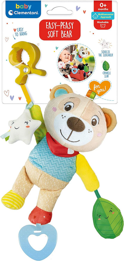 Clementoni - 17788 - Easy-Peasy Soft Bear - Plush With Grip And Rattle, Toys For Pushchair, Toddlers 0 Months, Early Years Toys, Infant Toys, New Born Soft Toys Gift, Machine Washable