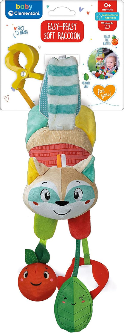 Clementoni - 17789 - Easy-Peasy Soft Raccoon - Plush With Grip And Rattle, Toys For Pushchair, Rattle, Toddlers 0 Months, Early Years Toys, Infant Toys, New Born Soft Toys Gift, Machine Washable