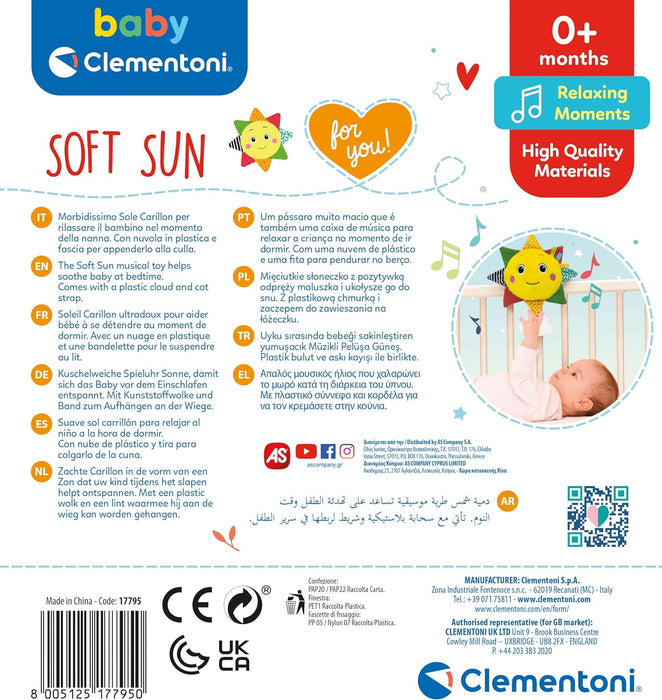 Clementoni- Sun Plush Cot Sound: Musical Soft Toy for Babies, Toddlers, & Infants, Soft and Colourful Early Years Gift, Newborn Comforter, Developmental Sensory Play (0+ Months)