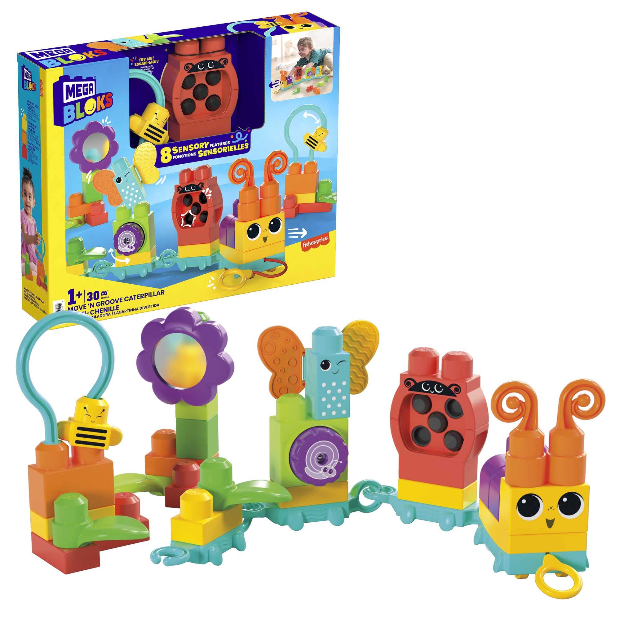 MEGA BLOKS Fisher-Price Sensory Building Blocks Toy, Move n Groove Caterpillar Train with 30 Pieces and Pull String, Toddlers Age 1+ Years, HKN44